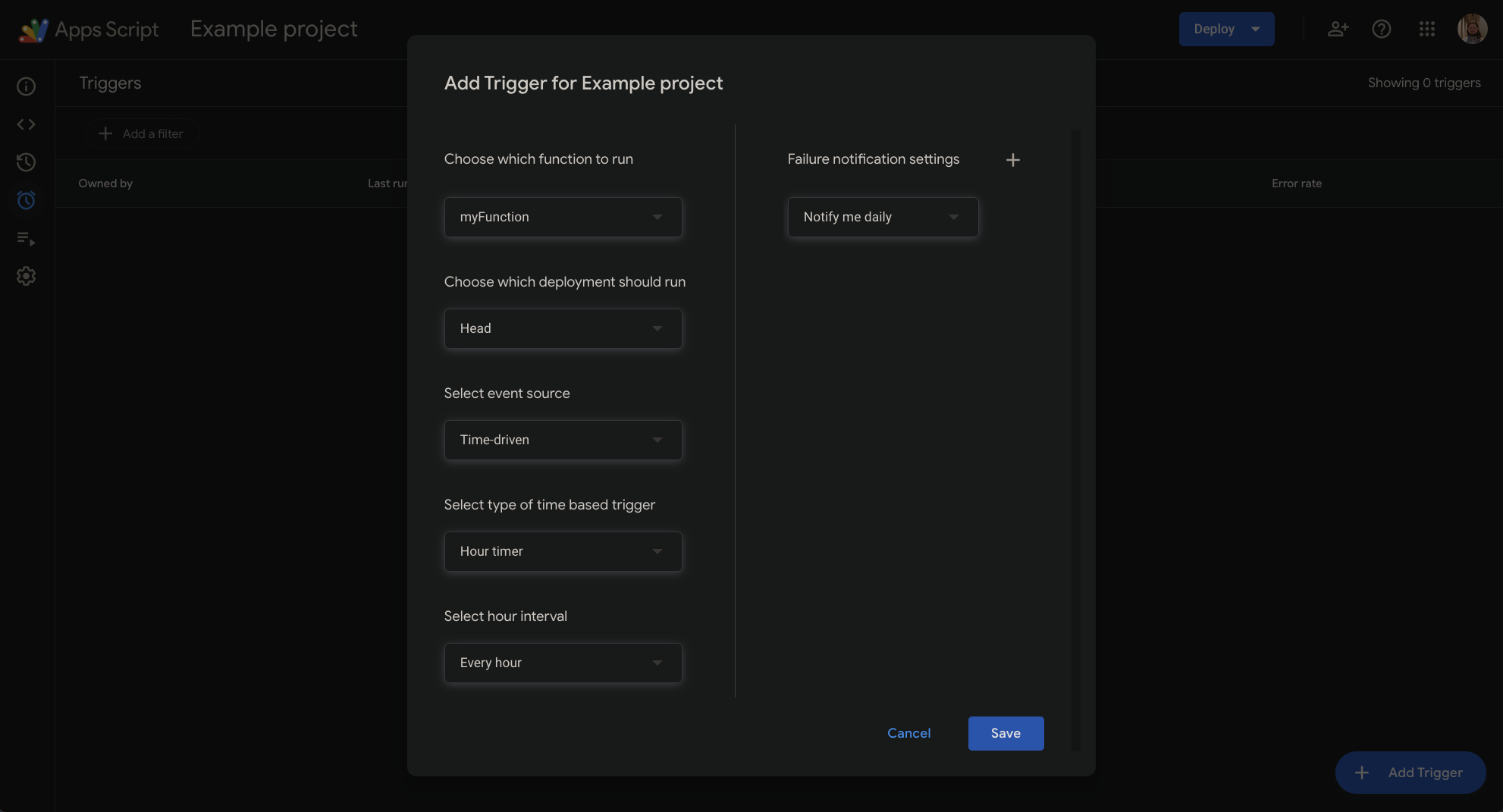 Apps Script UI with editor, triggers, and controls highlighted