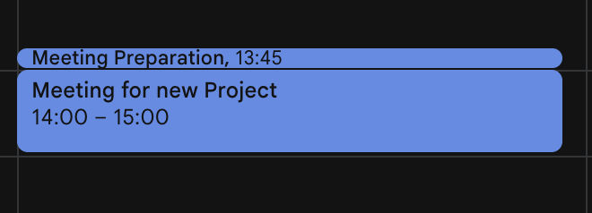 Calendar view showing a 15-minute meeting prep slot before a meeting