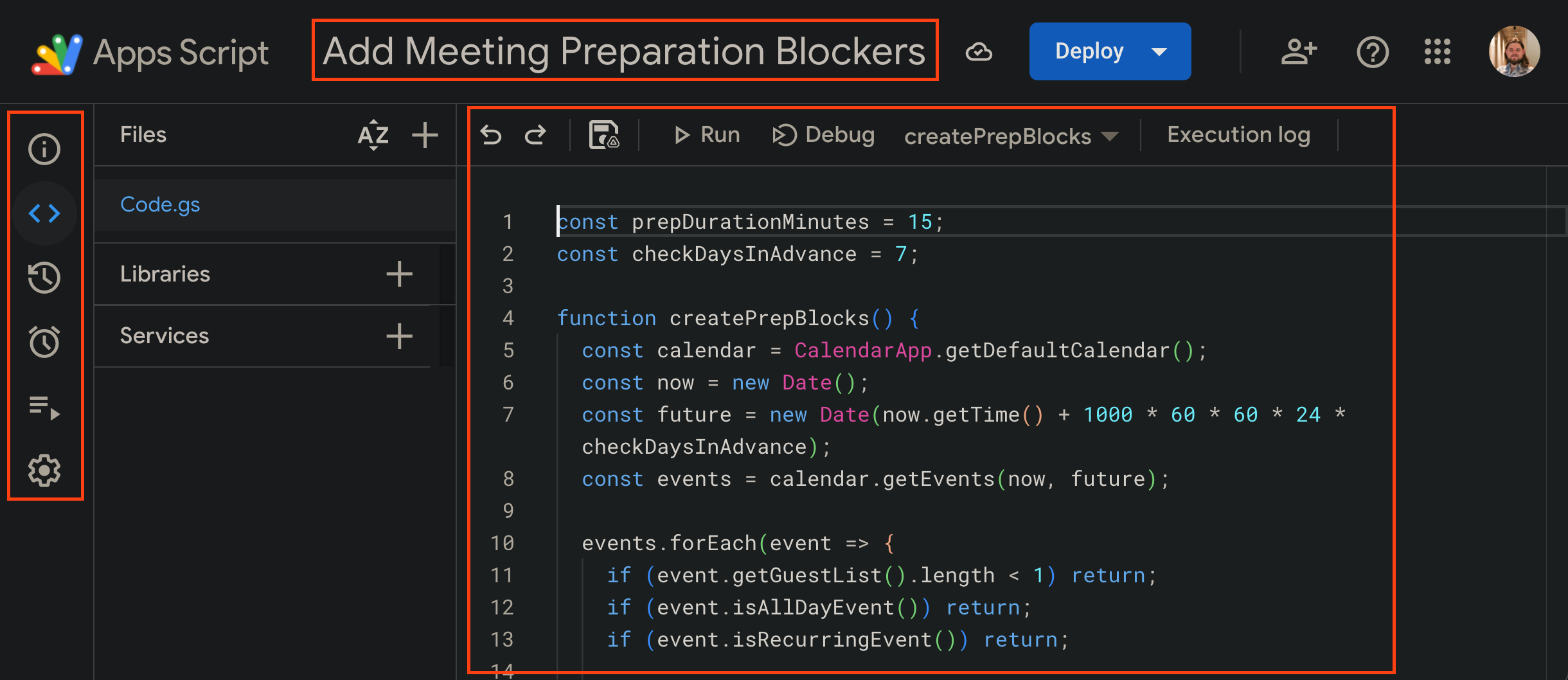 Apps Script UI with editor, triggers, and controls highlighted