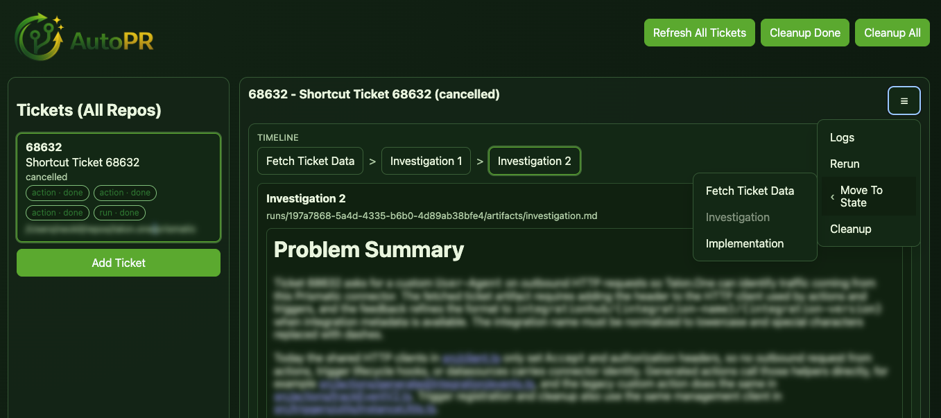 AutoPR web UI showing the ticket detail panel with a completed workflow timeline, the artifact panel, and the burger menu with available actions